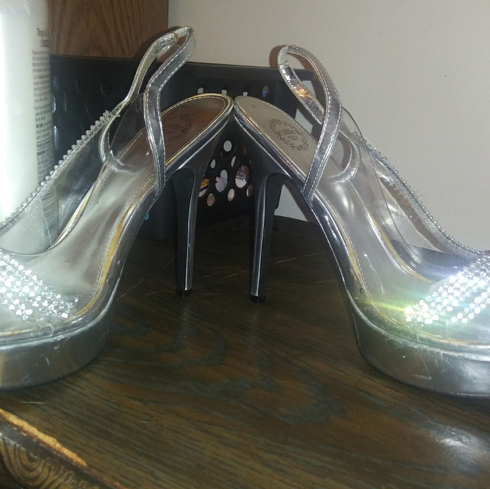 Clear heels with diamonds on the toe